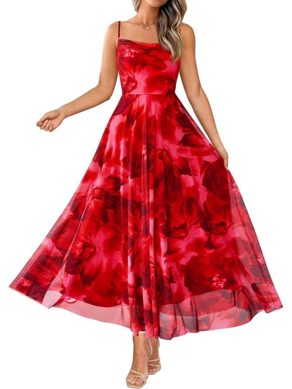 〽️Women's Red Floral Maxi Dress Cowl Neck Boho Summer Beach Party Look